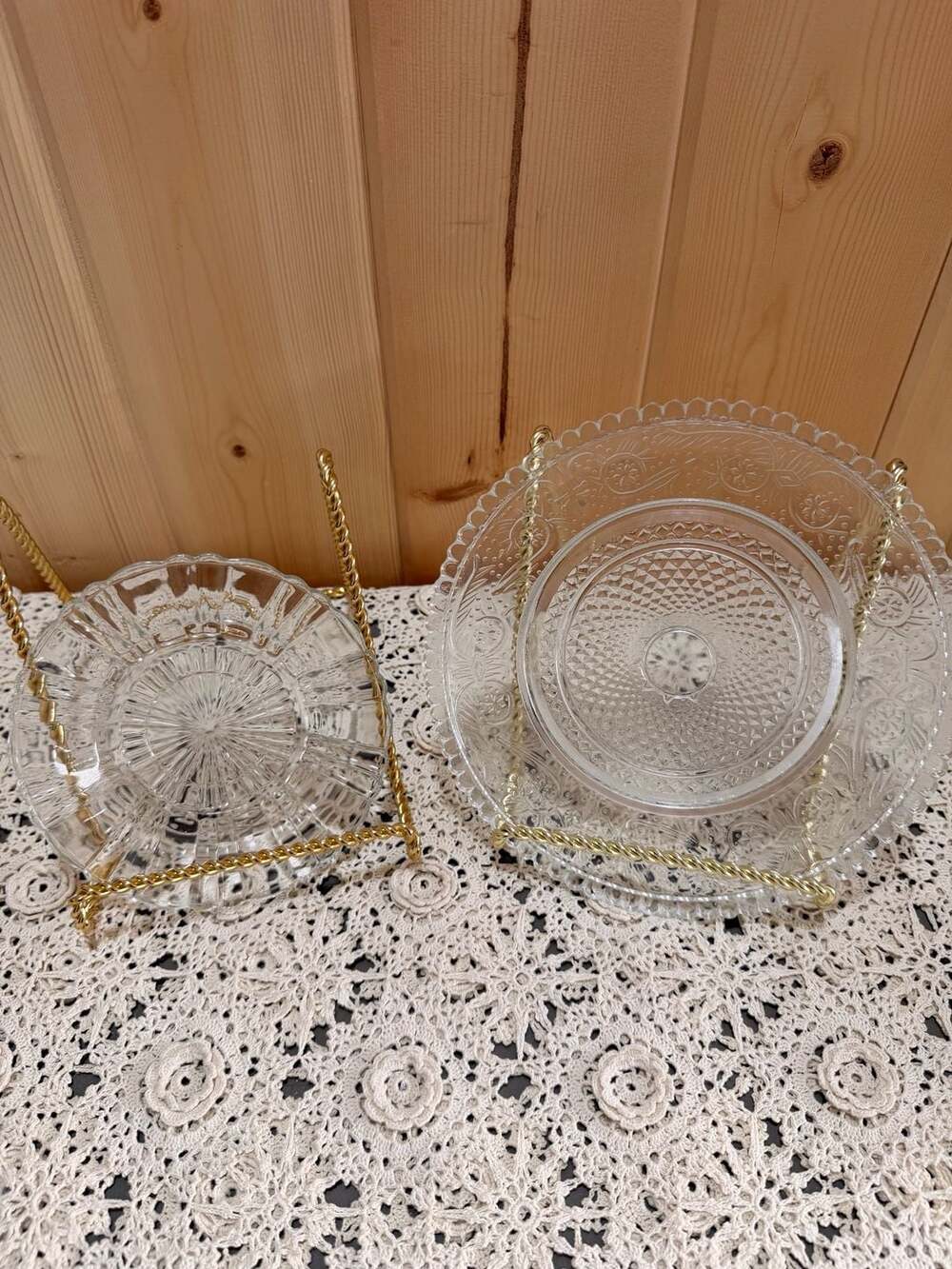 Two Vintage Clear Glass Trinket Bowl Plate Serving Dishes Scalloped Diamond Cut